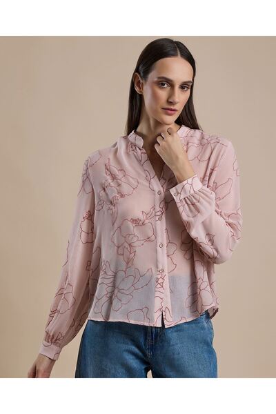 R&B Printed Shirt with Stand Collar and Long Sleeves