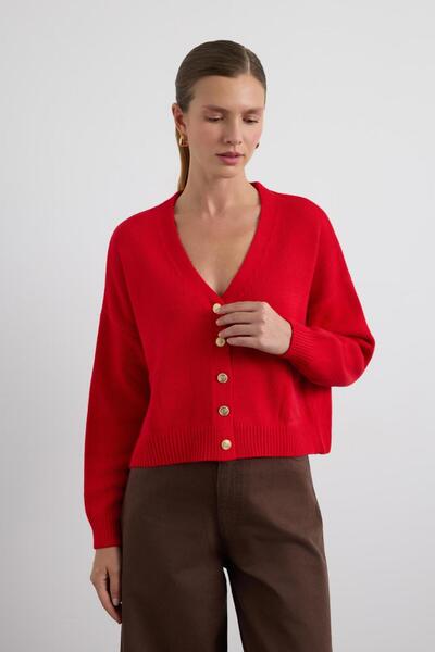 KADRİYE BAŞTÜRK Gold Buttoned Knitwear Cardigan Red