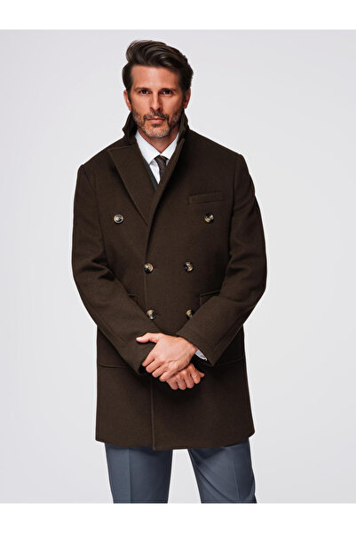 OMBRE Διπλό πέτο ανδρικό παλτό με διακοσμητικά κουμπιά - σκούρο καφέ V3 OM-COWC-0137
