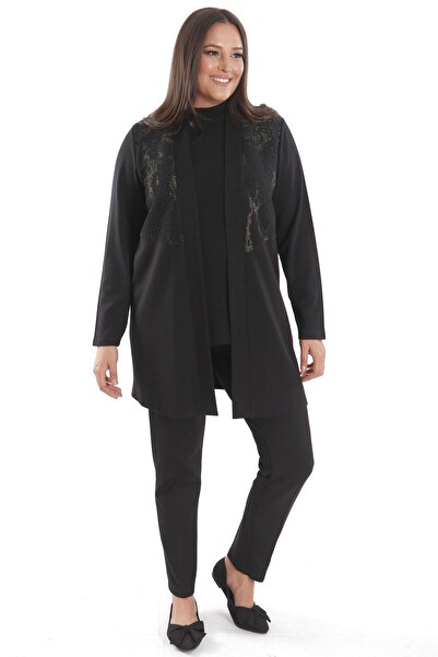 Metpoint Trend42Plus Plus Size Long Black Cardigan with Front Glitter Fabric Detail