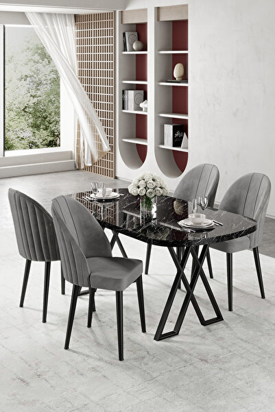 Canisa Kaye Serisi Mdf 90 x168 Siyah Mermer Desen Mutfak Masa Takımı 4 Gri Sa...