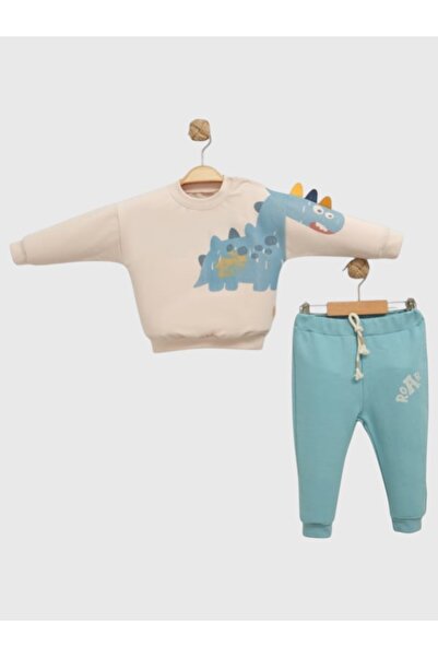 damdamin 100% Cotton Baby Boy Dinosaur Figure Patterned Top and Bottom Set with Snap Buttons at the Neck and Elastic Waist