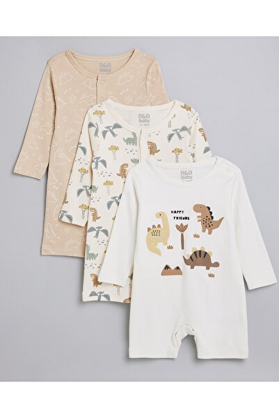 R&B 3 Pack Printed Rompers with Long Sleeves
