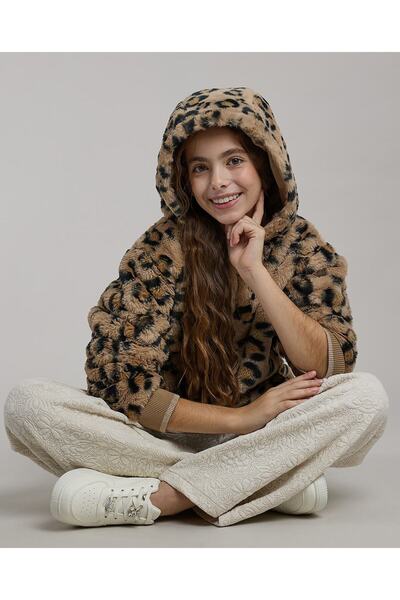 R&B Leopard Patterned Hooded Jacket with Long Sleeves