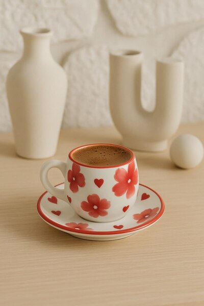 Anadolu Saray Handmade Ceramic Set of 2 Turkish Coffee Cups with Heart and Flower Detailing Stylish Elegant Special Design