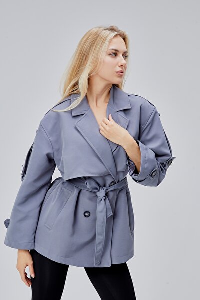 Bolivente Oversize Gri Rüzgarlık Detaylı Beli Kuşaklı Trençkot