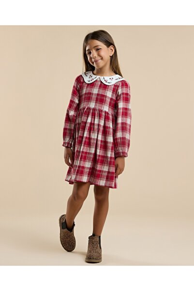 R&B Plaid Flared Dress with Baby Collar and Long Sleeves