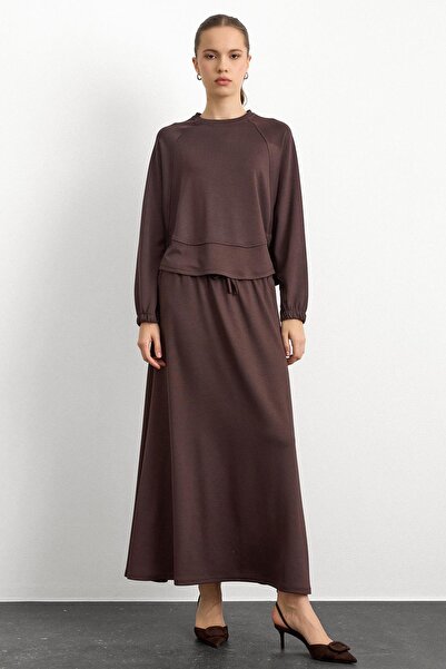 Olcay Crew Neck Knitted Sweat Skirt Set Brown 9386-Tk