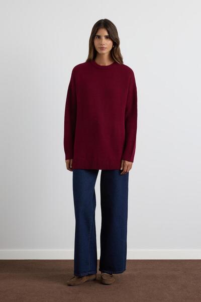 KADRİYE BAŞTÜRK Crew Neck Basic Knitwear Sweater Burgundy