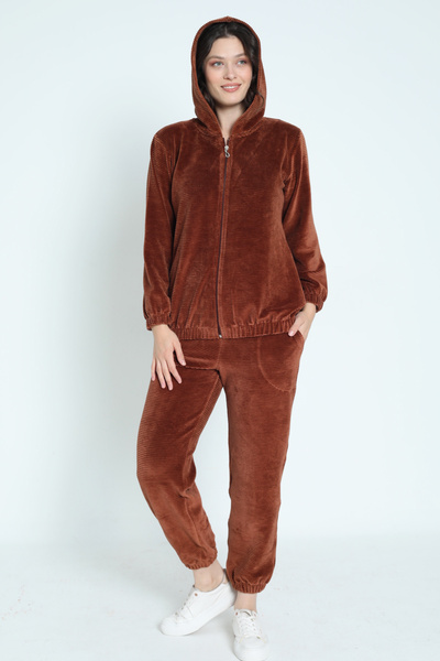 İntensive Καφέ μακρυμάνικο κοστούμι με φερμουάρ και κουκούλα από βαμβακερό βελούδο για γυναίκες