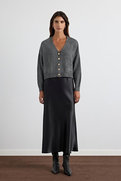 KADRİYE BAŞTÜRK Gold Buttoned Knitwear Cardigan Anthracite