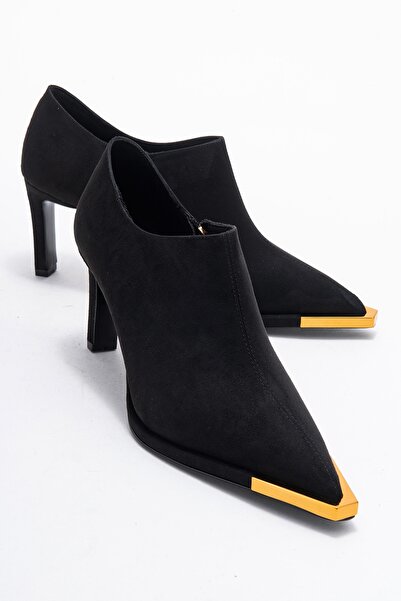 LuviShoes Sona Black Suede Gold Detailed Zippered Women's Ankle Heeled Shoes