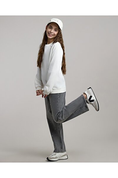 R&B Studded Wide Leg Jeans with Button Closure