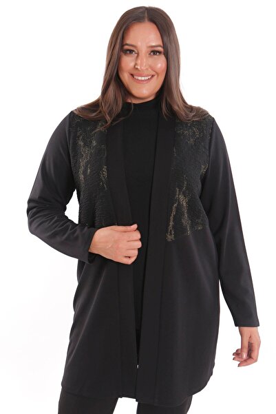 Metpoint Trend42Plus Plus Size Long Black Cardigan with Front Glitter Fabric Detail