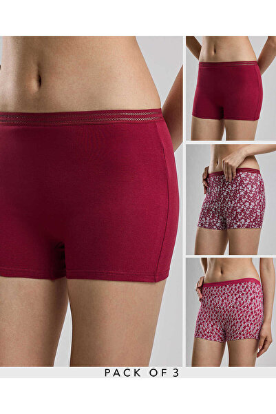 R&B Burgundy Women's 3 Pack Printed Boxer Briefs