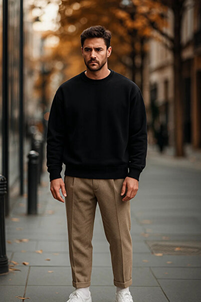 COMBİNE MİCHAİL Men's Casual Basic Black Loose Sweater