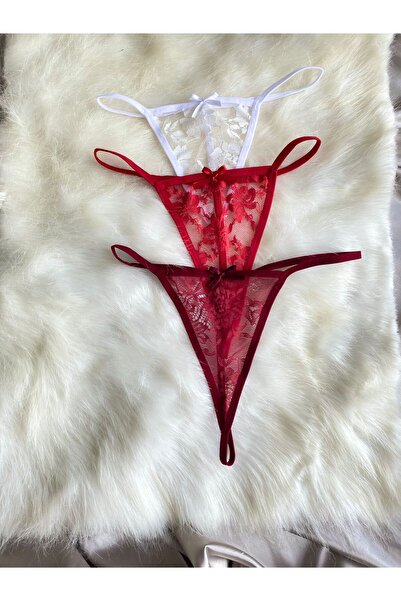 Maly Love Kadın Dantelli Transparan String Tanga İç Çamaşırı 3’lü Set - Beyaz & Kırmızı & Bordo