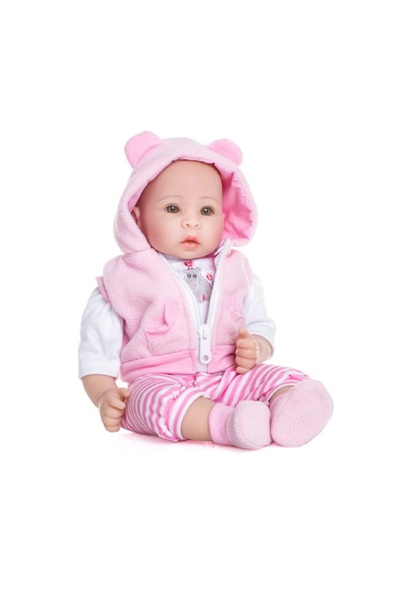 Doris Papusa bebelus Pola 40 cm cu hanorac cu gluga si urechiuse roz,salopeta si botosei,corp moale