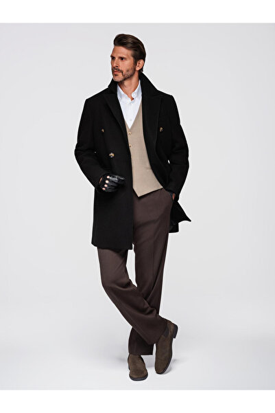 OMBRE Pánský dvouřadý kabát s ozdobnými knoflíky - černý V2 OM-COWC-0137