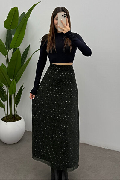 Ladima تنورة نسائية من التول بتفاصيل مطاطية خلفية ولون أخضر منقط مع سحاب