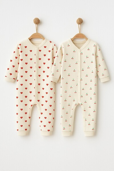 dinamik çocuk Baby Rompers Set of 2-(2Pcs Rompers) Little Heart and Cherry Printed Rompers Set 100% Cotton 1-3-6 Months