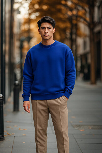 COMBİNE MİCHAİL Erkek Günlük Salaş Basic Mavi Bol Kazak