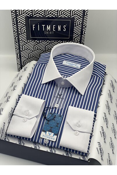 Fitmens قميص رجالي كلاسيكي بأكمام طويلة بدون جيوب وياقة بيضاء مع علبة هدايا FS-004325 - أزرق ساكس أبيض