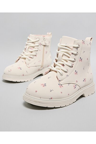 R&B White GIrl Floral Print Ankle Boots