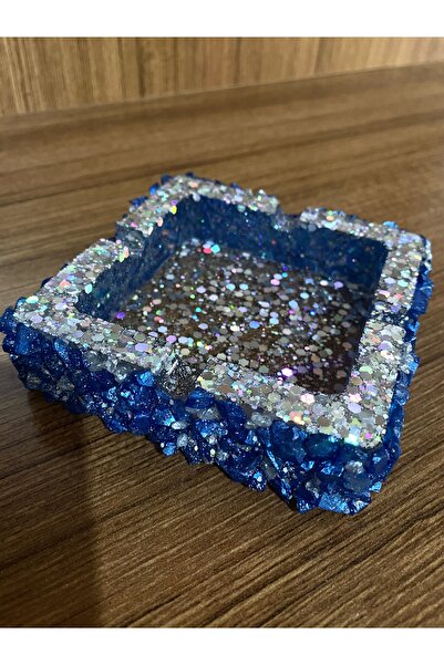 cesaconsept Gri Glitter Karışımı ve Gri Mavi Cam Kırığı Kaplama Tasarım Epoksi Küllük