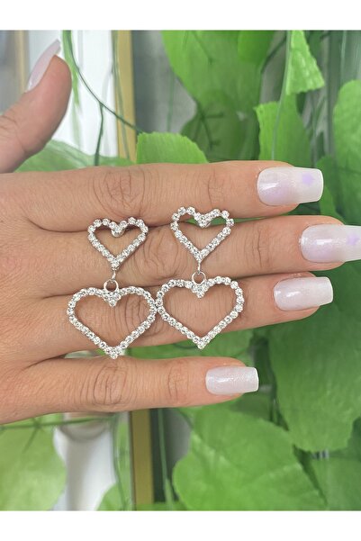 Jewelliss 2 Boy Kalp Kristal Taşlı Minimal Küpe Zirkon Gümüş Renk Kaplama Hediyelik
