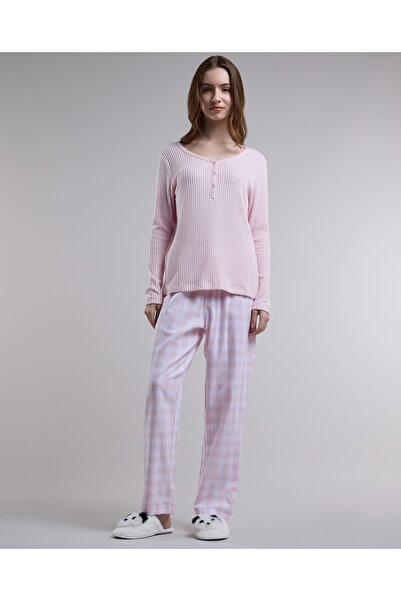 R&B طقم بيجامة نسائية منقوشة باللون الوردي الفاتح