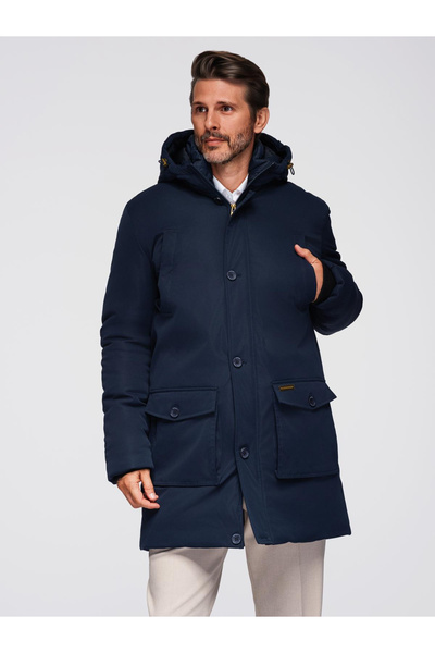OMBRE Elegantní pánská cargo parka s kapucí - tmavě modrá