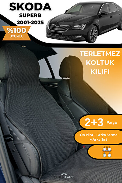 TREND Terletmez Oto Koltuk Koruyucu Kılıf %100 Pamuk 5 li Tam Set Siyah Skoda SuperB