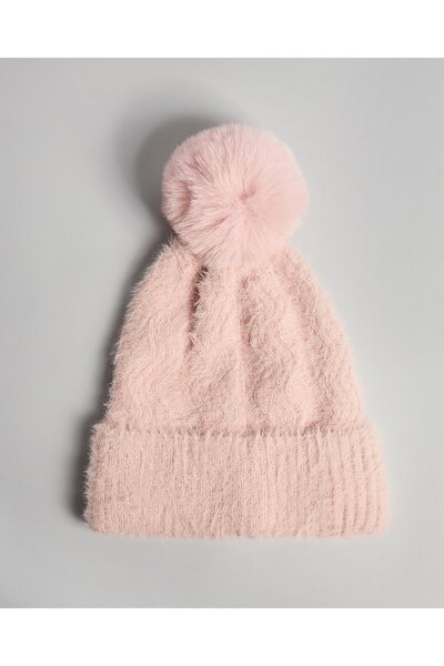 R&B Pink Women's Textured Beanie with Pom-Pom