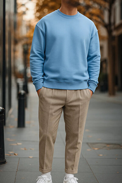 COMBİNE MİCHAİL Men's Casual Basic Baby Blue Loose Sweater