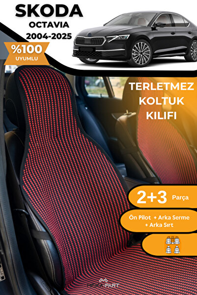 TREND غطاء حماية لمقعد السيارة مضاد للتعرق، 100% قطن، مجموعة كاملة من 5 قطع، أحمر وأسود، لسيارة سكودا أوكتافيا