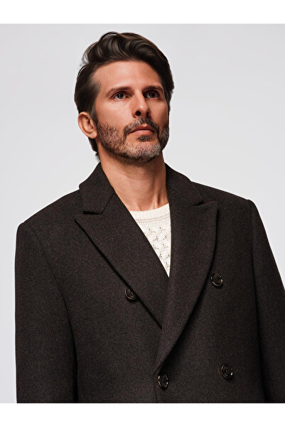 OMBRE Pánský vlněný kabát s dvouřadým zapínáním - tmavě hnědý V3 OM-COWC-0133