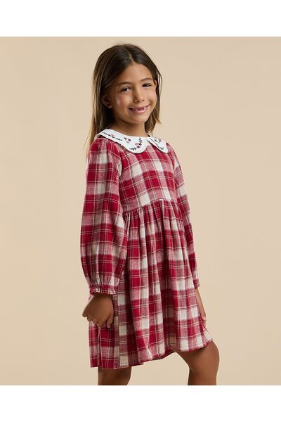 R&B Plaid Flared Dress with Baby Collar and Long Sleeves
