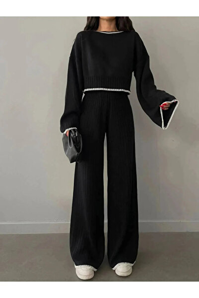 GALAVİP Women's Embroidered Detailed Knitwear Two-Piece Pants Set