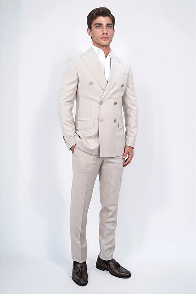 Velvarde بدلة بيج بقصة ضيقة وياقة مدببة مزدوجة الصدر