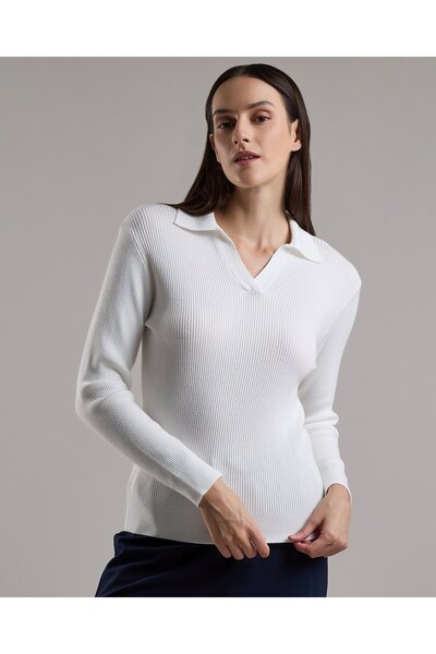 R&B Ribbed Top with Shirt Collar and Long Sleeves