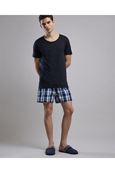 R&B Navy Blue Men's Fur Detail Bedroom Slippers