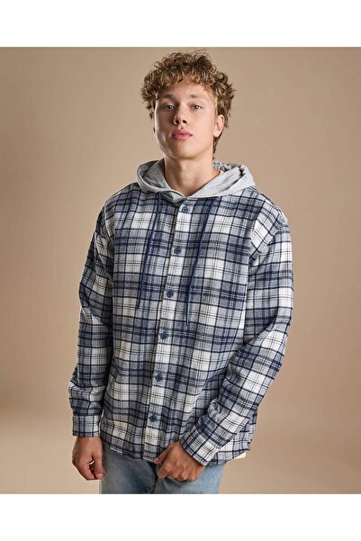 R&B Plaid Hooded Shirt with Long Sleeves
