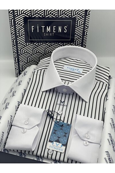 Fitmens قميص رجالي كلاسيكي بأكمام طويلة بدون جيوب وياقة بيضاء مع علبة هدايا F...