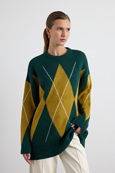 KADRİYE BAŞTÜRK Baklava Patterned Knitwear Sweater Bitter Green