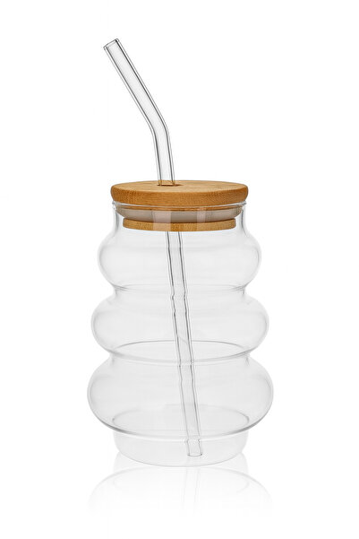 Lavin DALGALI BAMBU KAPAKLI LATTE KAHVE SMOOTHİE CAM BARDAK 450 ML