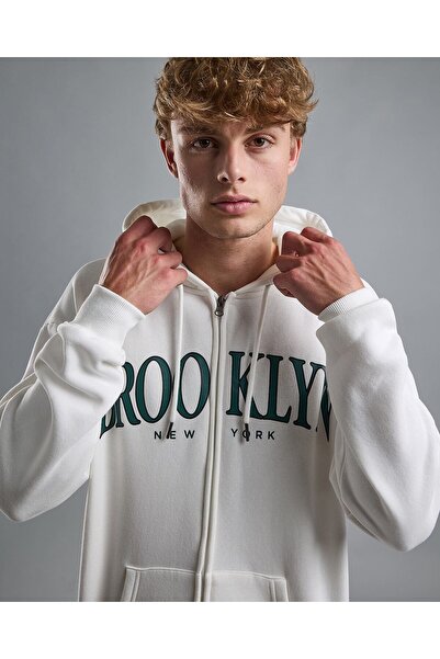 R&B Typography Print Hooded Jacket with Zipper Closure