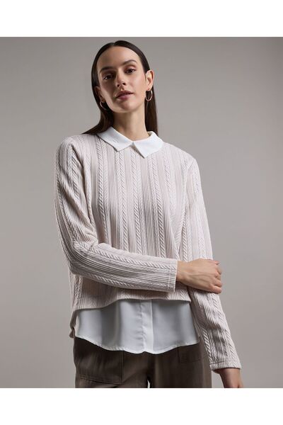 R&B بلوزة محبوكة بياقة قميص وأكمام طويلة