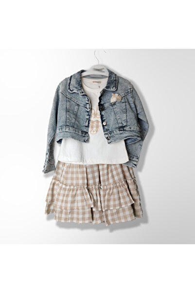 MODA VE DERYA Girl's 3-Piece Set with Denim Jacket and Skirt