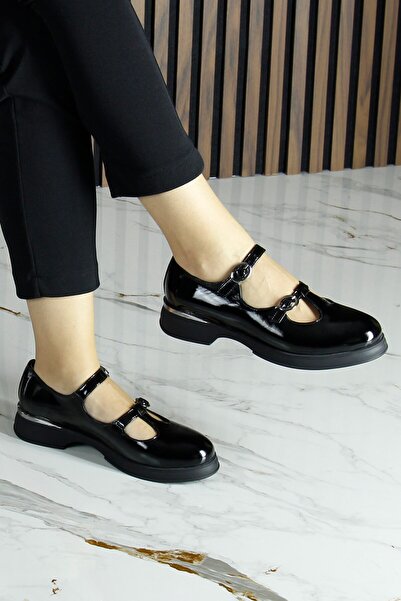 Erkan Saçmacı Black Patent Leather Genuine Cowhide Double Strap Mary Jane Thick Heeled Casual Shoes